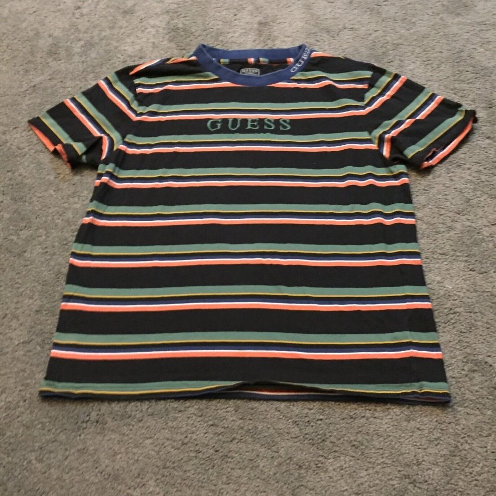 Guess Spellout T Shirt Mens Size Medium Black Striped Embroidered Retro Vtg